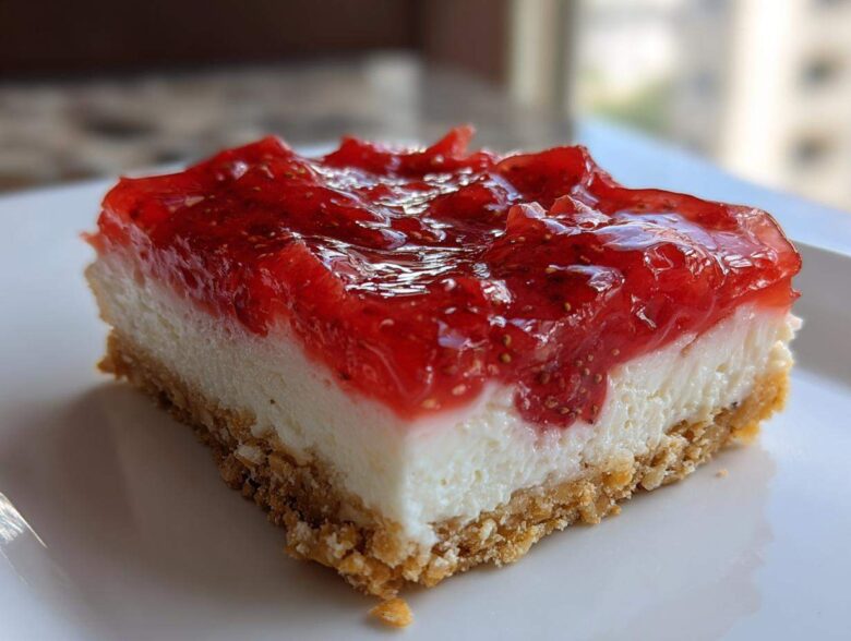 Close-up of a single serving of No-Bake Strawberry Pretzel Dessert Bars showing the pretzel crust, cream cheese layer, and strawberry topping.