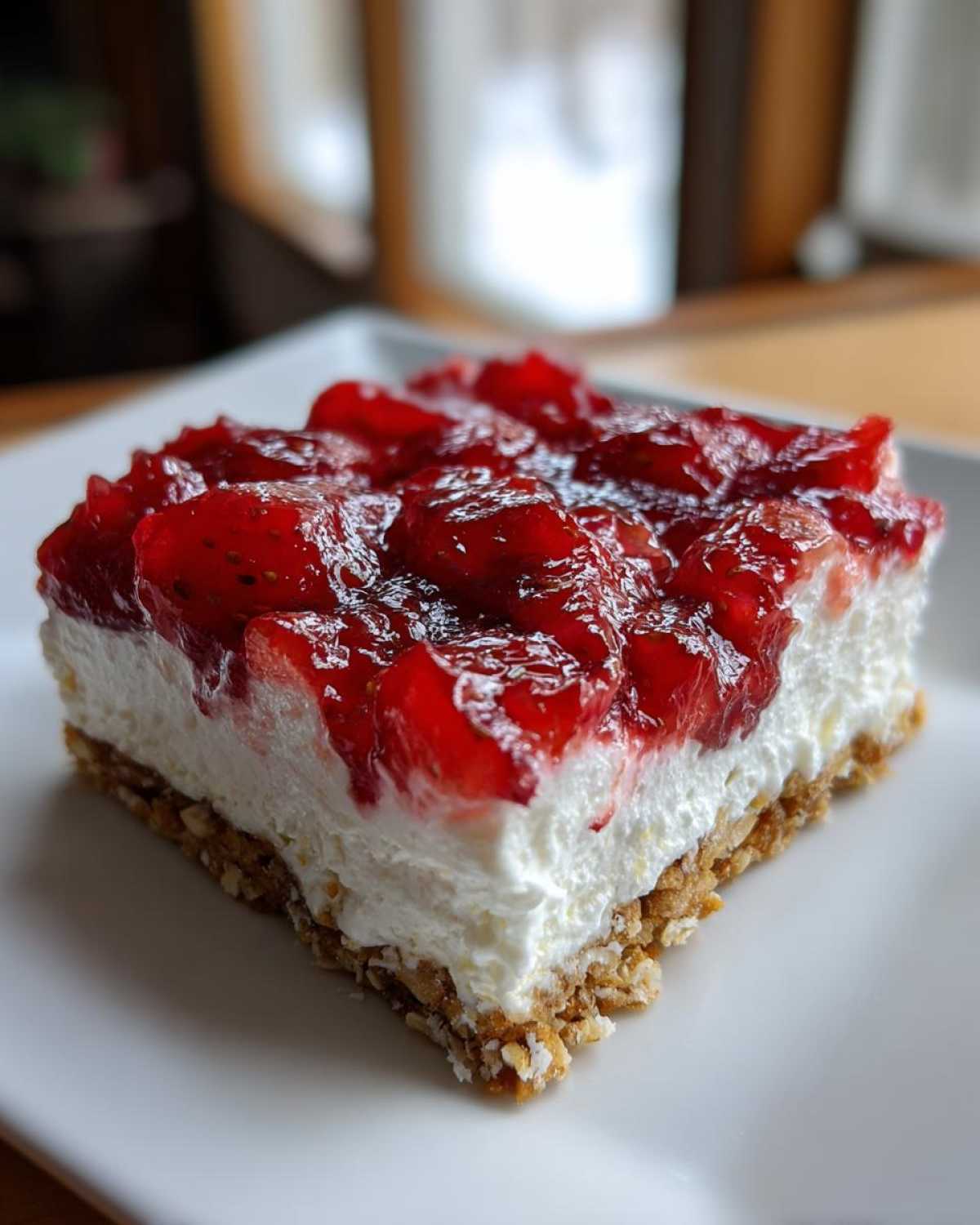 Close-up of a single serving of No-Bake Strawberry Pretzel Dessert Bars showing the pretzel crust, cream cheese layer, and strawberry topping.