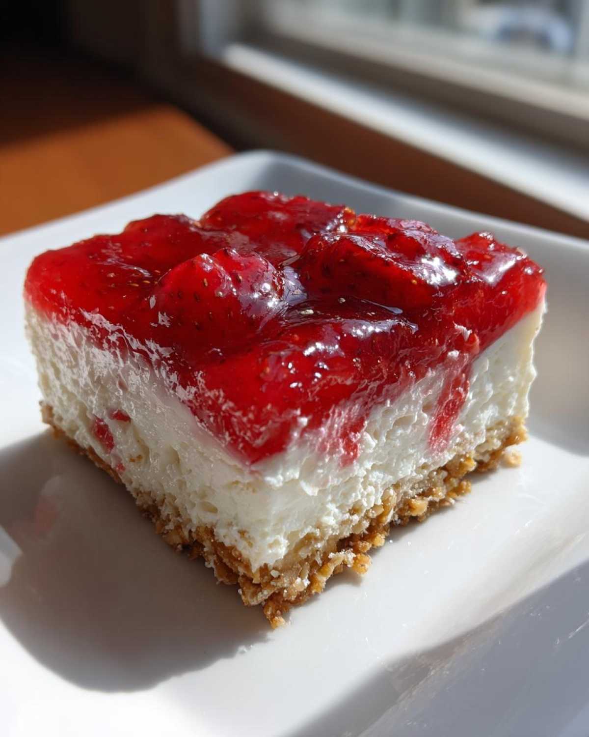 Close-up of a single serving of No-Bake Strawberry Pretzel Dessert Bars showing the pretzel crust, cream cheese layer, and strawberry topping.