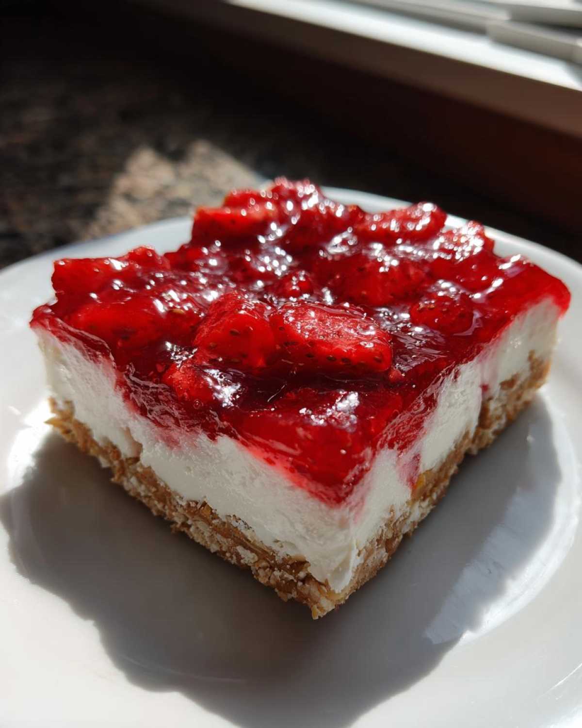 A single square serving of No-Bake Strawberry Pretzel Dessert Bars showing the pretzel crust, cream cheese layer, and strawberry topping.