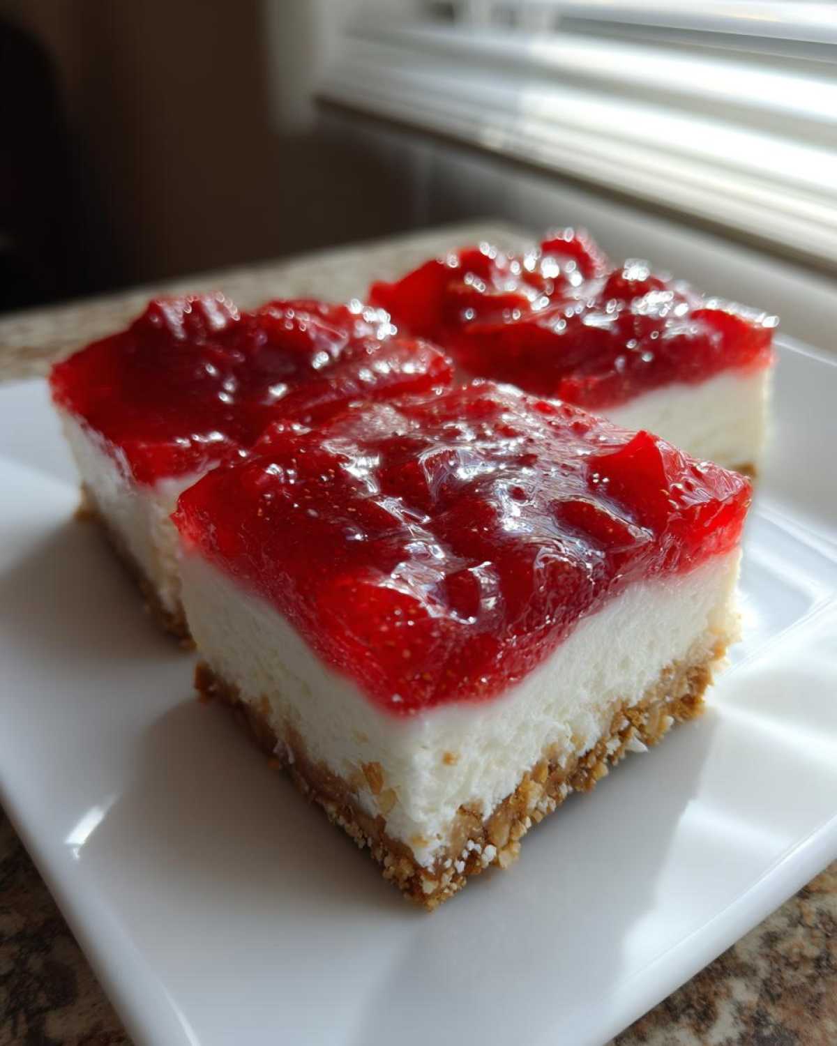 Three squares of No-Bake Strawberry Pretzel Dessert Bars showing the pretzel crust, cream cheese layer, and shiny strawberry topping.