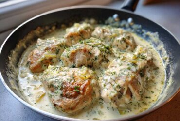 Close-up of seared chicken breasts simmering in a creamy, light green sauce with fresh dill, part of the One-Pan Creamy Coconut Lime Chicken recipe.