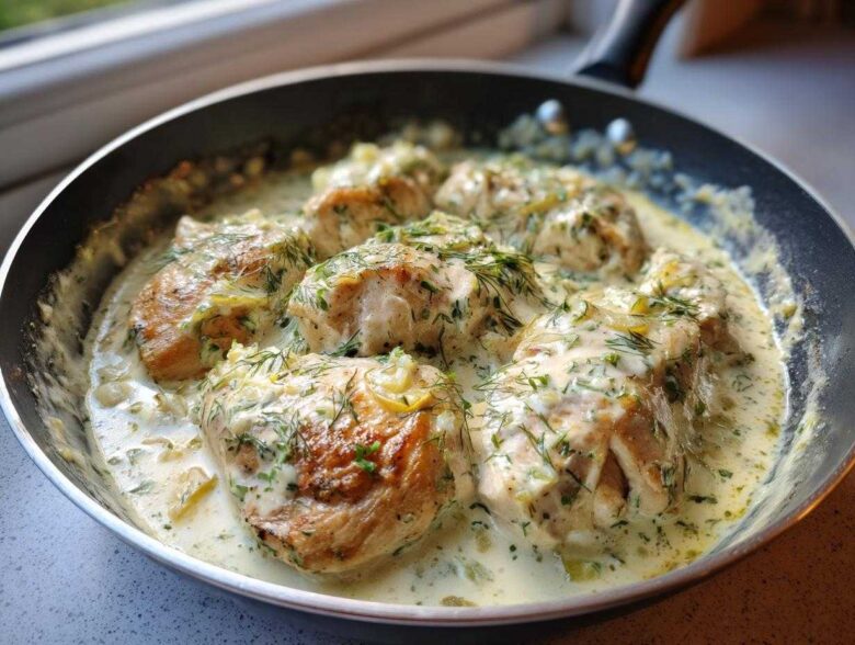 Close-up of seared chicken breasts simmering in a creamy, light green sauce with fresh dill, part of the One-Pan Creamy Coconut Lime Chicken recipe.