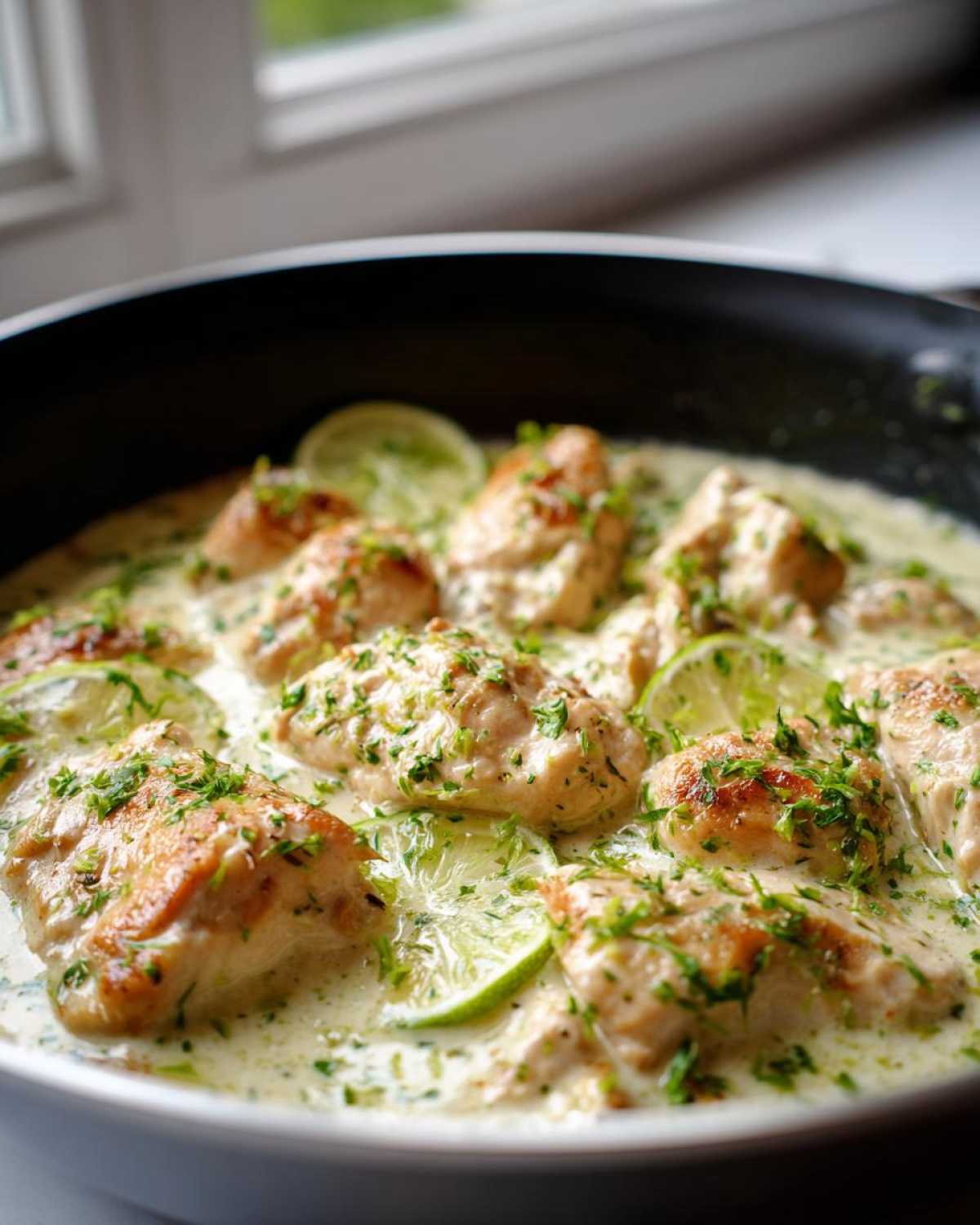 Close-up of seared chicken pieces simmering in a creamy coconut lime sauce, garnished with fresh lime slices and parsley.