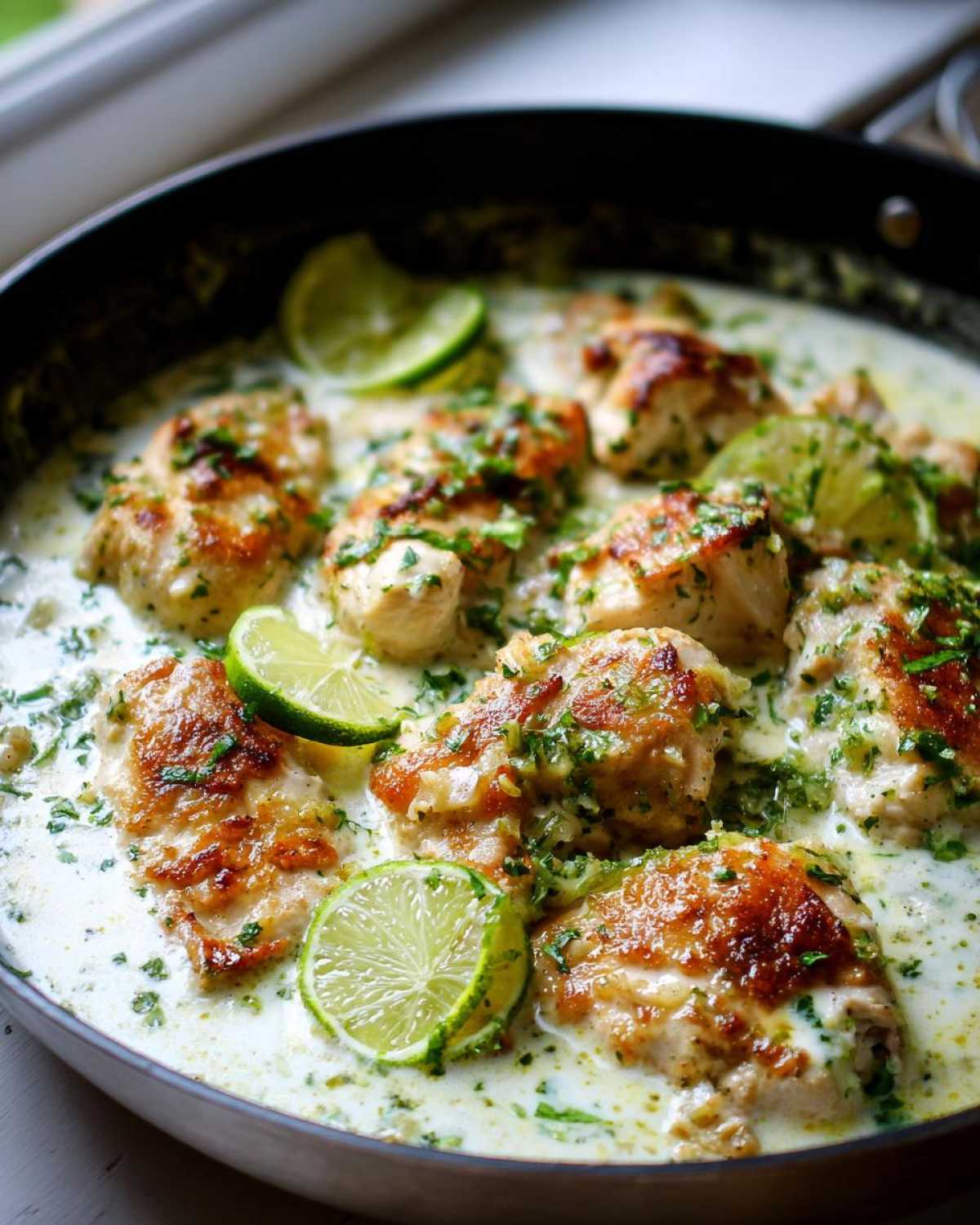 Close-up of seared chicken pieces simmering in a creamy coconut lime sauce, garnished with fresh lime slices.