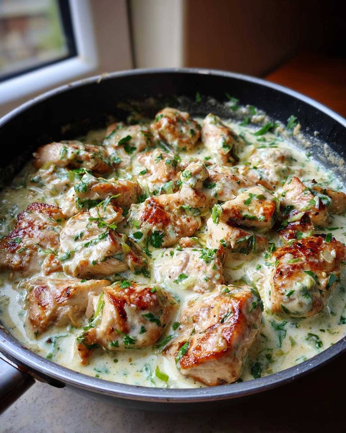 Close-up of seared chicken pieces coated in a creamy sauce with green herbs, ready to serve in the one-pan skillet.