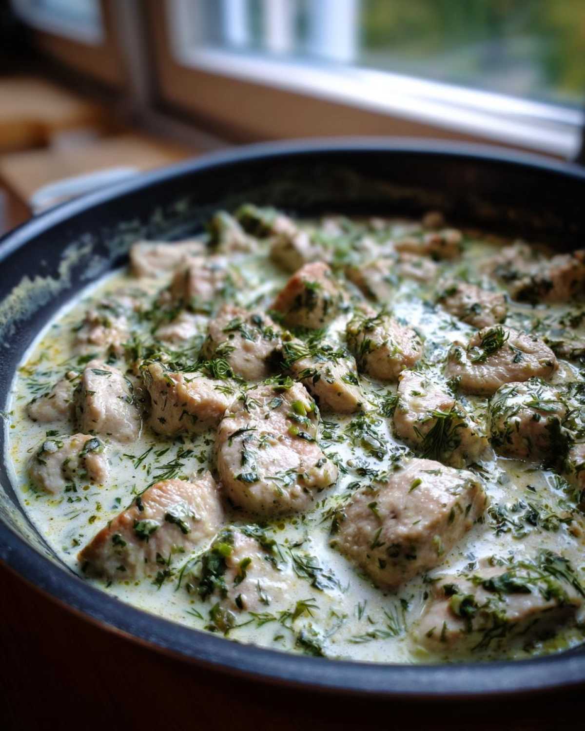 Close-up of chunks of chicken simmering in a creamy sauce heavily garnished with fresh green herbs, part of the One-Pan Creamy Coconut Lime Chicken recipe.