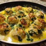 Close-up of seared One-Pan Creamy Lemon Garlic Turkey Meatballs simmering in a bright yellow, creamy sauce with wilted spinach.