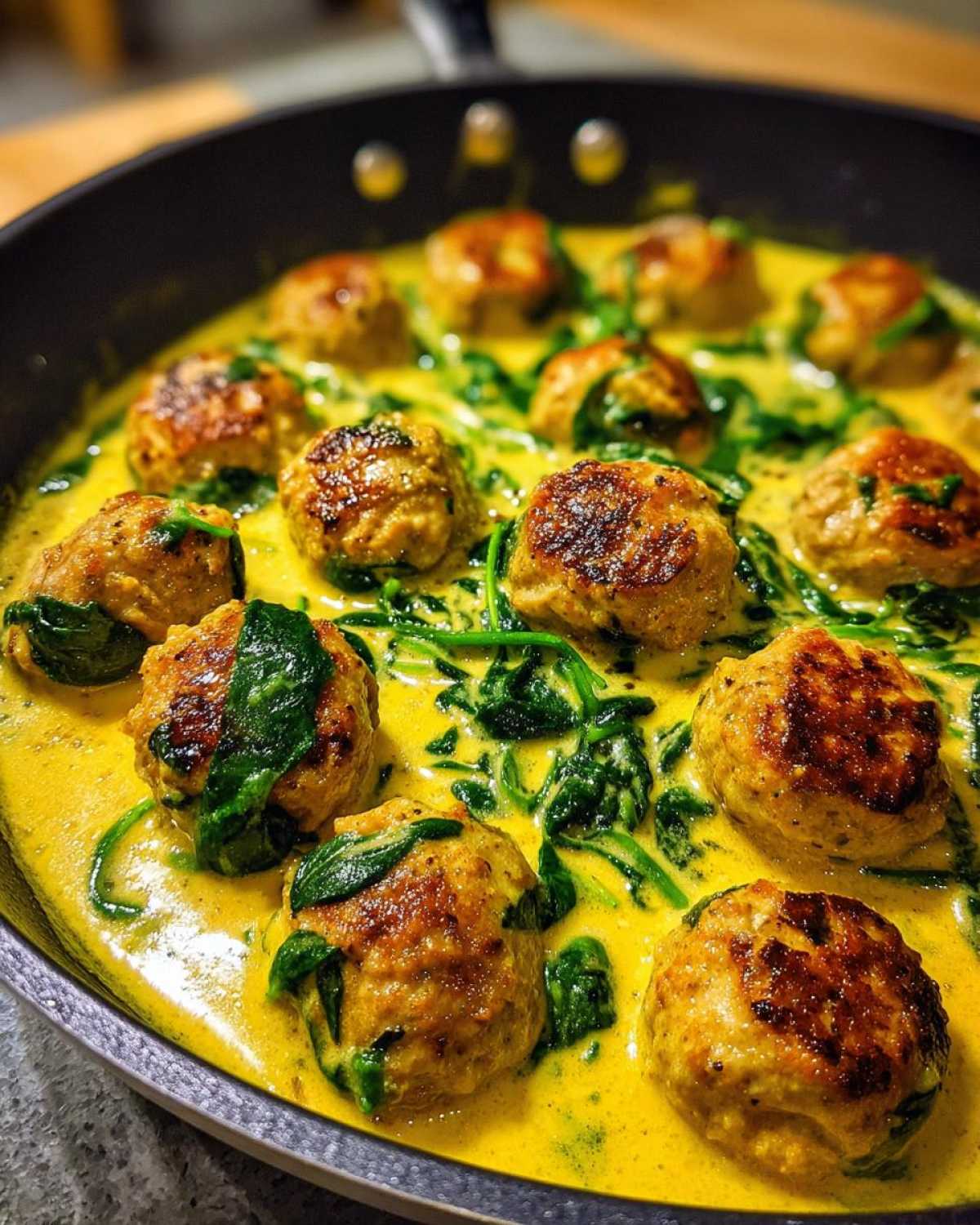Close-up of seared One-Pan Creamy Lemon Garlic Turkey Meatballs simmering in a bright yellow, creamy sauce with wilted spinach.