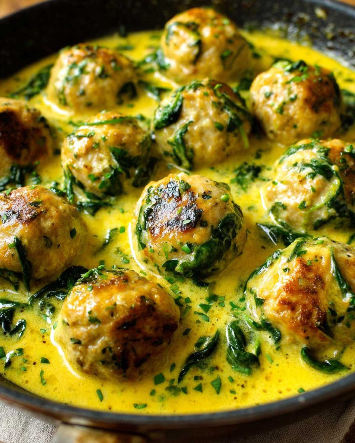 Close-up of One-Pan Creamy Lemon Garlic Turkey Meatballs simmering in a rich, yellow sauce with spinach and herbs.