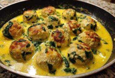 Close-up of seared One-Pan Creamy Lemon Garlic Turkey Meatballs simmering in a bright yellow, creamy sauce with wilted spinach.
