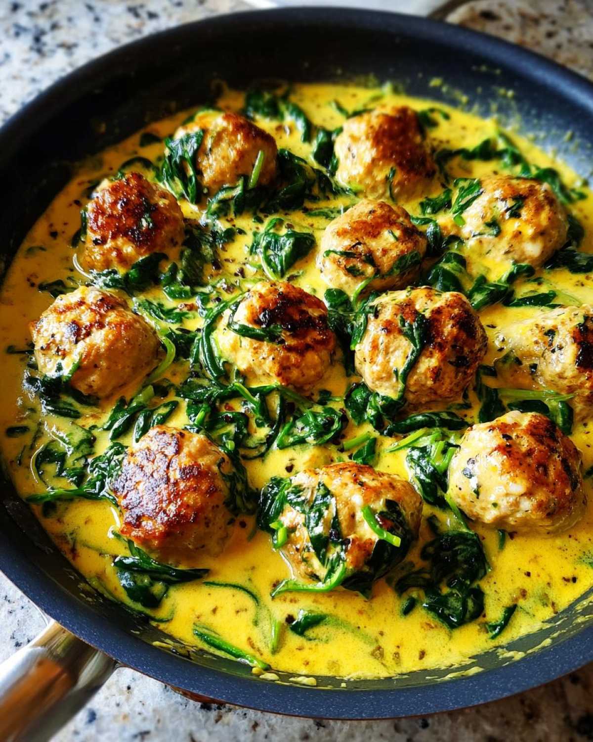Close-up of seared One-Pan Creamy Lemon Garlic Turkey Meatballs simmering in a rich, yellow sauce with wilted spinach.