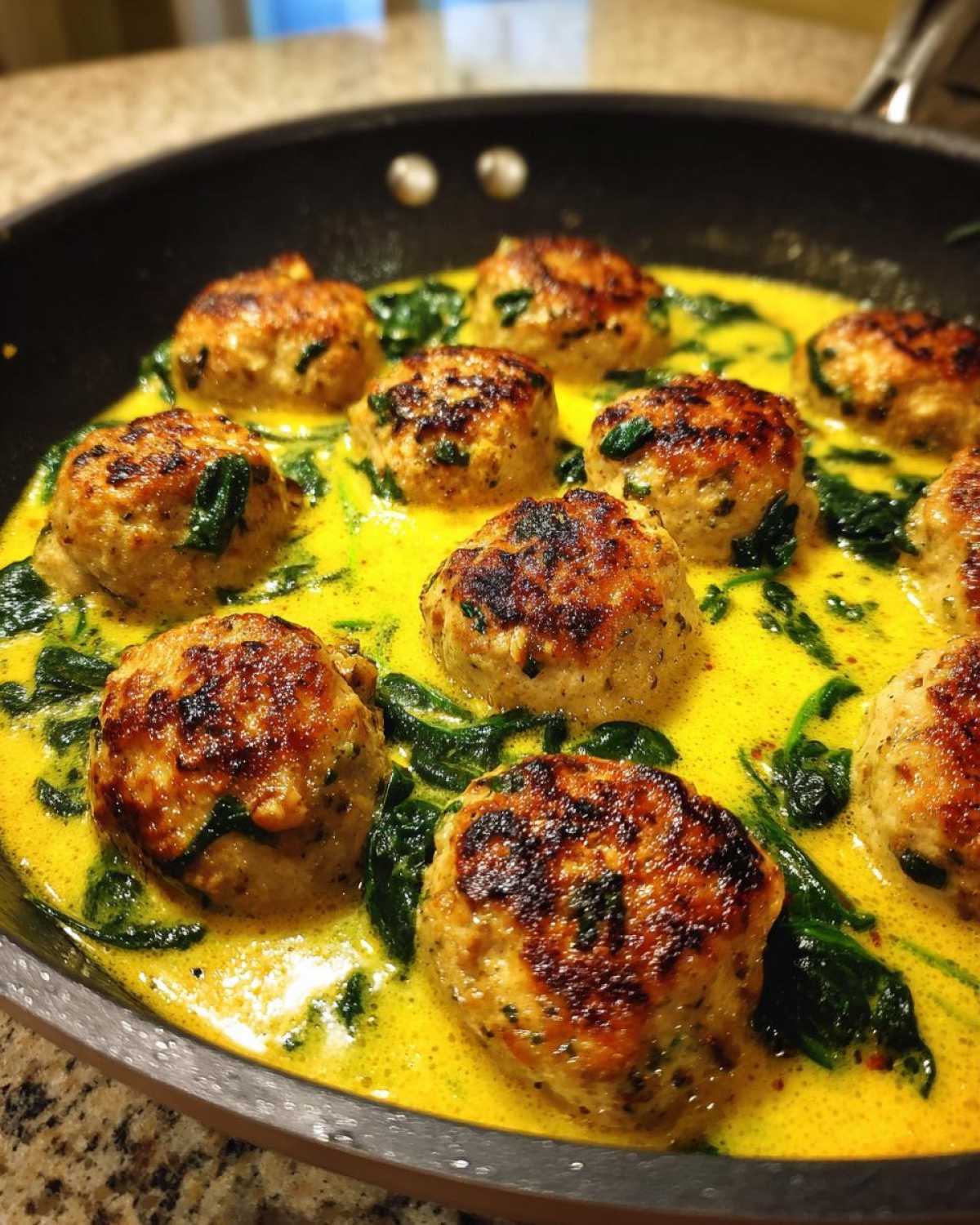 Close-up of browned One-Pan Creamy Lemon Garlic Turkey Meatballs simmering in a bright yellow sauce with wilted spinach.