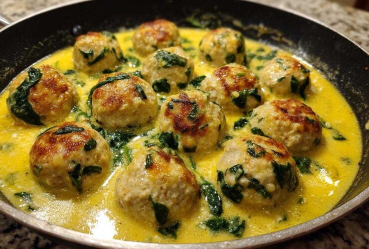 Close-up of seared One-Pan Creamy Lemon Garlic Turkey Meatballs simmering in a bright yellow, creamy sauce with wilted spinach.
