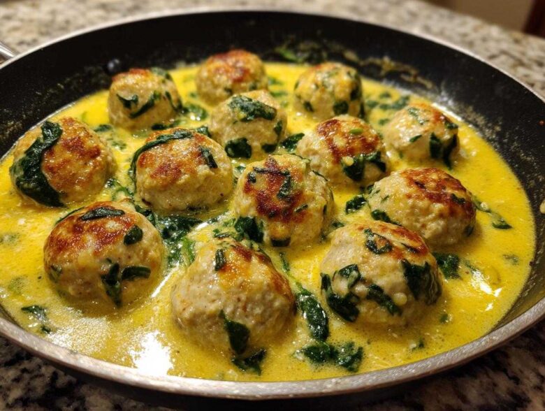 Close-up of seared One-Pan Creamy Lemon Garlic Turkey Meatballs simmering in a bright yellow, creamy sauce with wilted spinach.