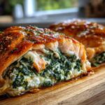 Close-up of a perfectly baked One-Pan Creamy Spinach Feta Stuffed Salmon fillet, showing the rich filling spilling out.