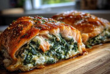 Close-up of a perfectly baked One-Pan Creamy Spinach Feta Stuffed Salmon fillet, showing the rich filling spilling out.