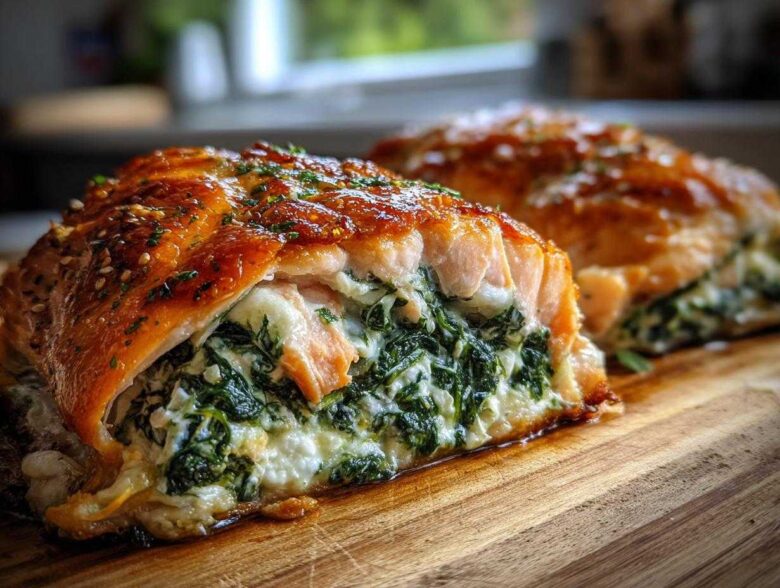 Close-up of a perfectly baked One-Pan Creamy Spinach Feta Stuffed Salmon fillet, showing the rich filling spilling out.