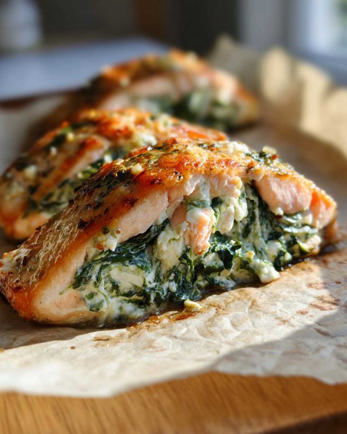 A close-up of a perfectly baked One-Pan Creamy Spinach Feta Stuffed Salmon fillet, showing the rich green filling spilling out.