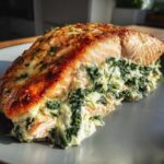 A close-up, appetizing shot of a cooked One-Pan Creamy Spinach Feta Stuffed Salmon fillet, showing the rich green filling.