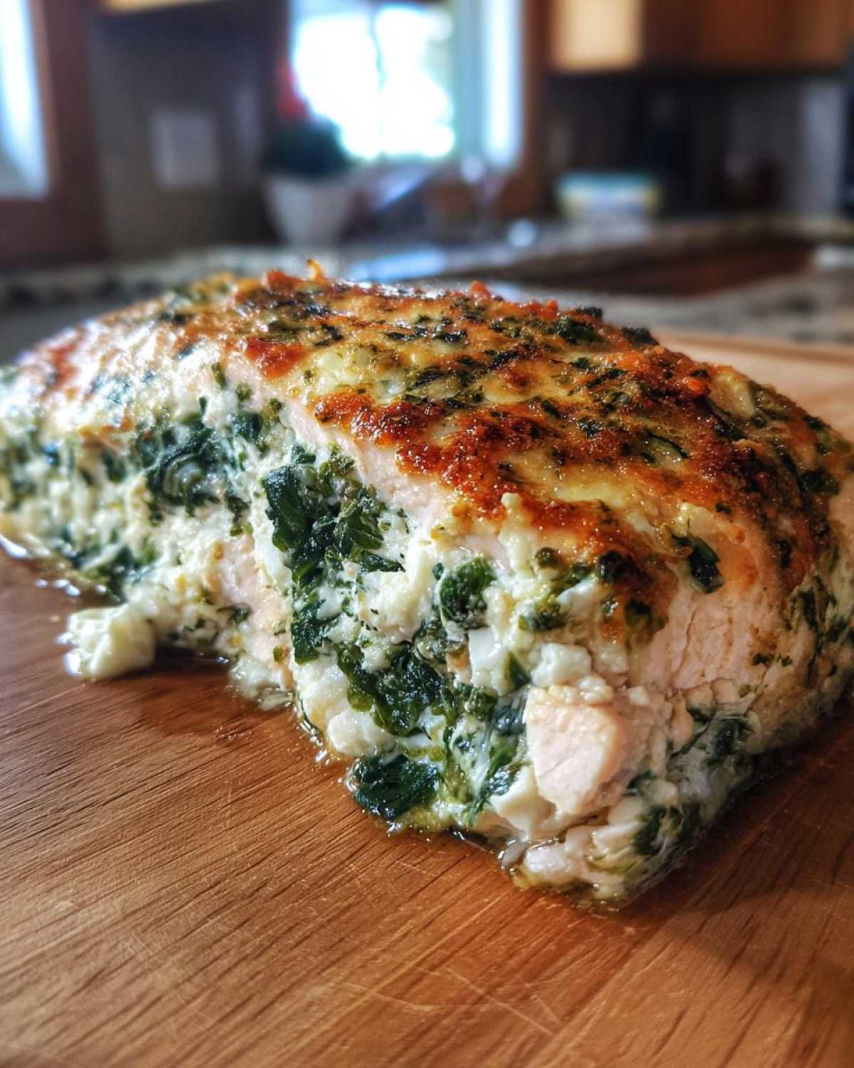 A close-up of a thick fillet of One-Pan Creamy Spinach Feta Stuffed Salmon, showing the baked, cheesy topping and green filling.
