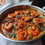 Close-up of One-Pan Creamy Sun-Dried Tomato Shrimp simmering in a stainless steel skillet with spinach.