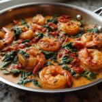 Close-up of plump shrimp cooked in a creamy, orange sauce with spinach and sun-dried tomatoes in a stainless steel skillet, featuring One-Pan Creamy Sun-Dried Tomato Shrimp.