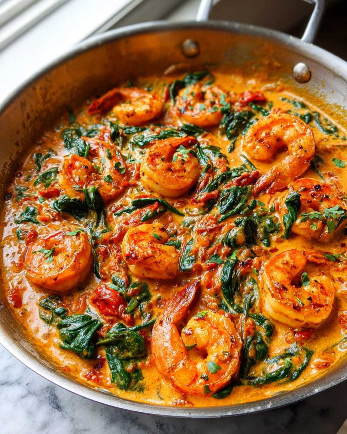 Close-up of One-Pan Creamy Sun-Dried Tomato Shrimp cooked with spinach in a rich, orange sauce inside a stainless steel skillet.