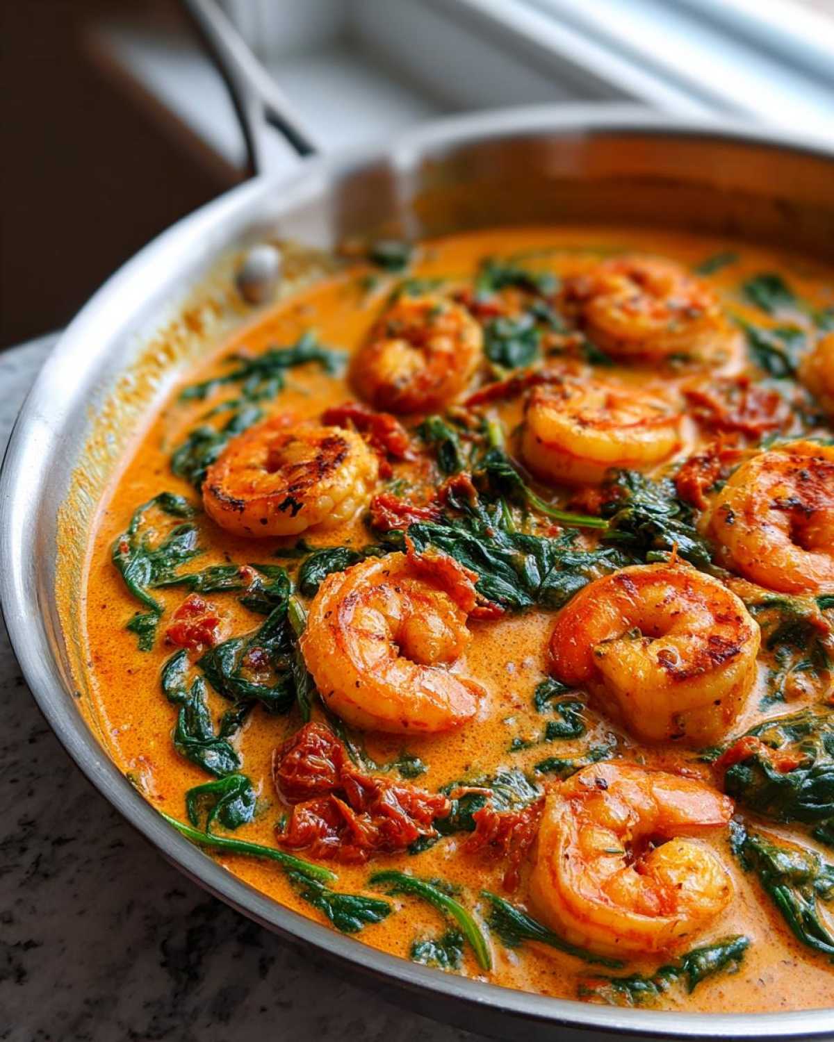 Close-up of seared shrimp in a rich, orange sauce with spinach and sun-dried tomatoes: One-Pan Creamy Sun-Dried Tomato Shrimp.