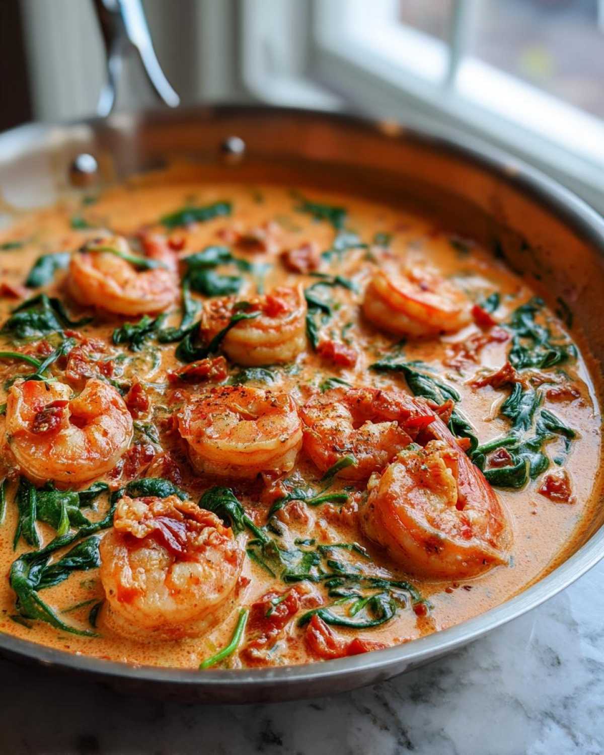 Close-up of One-Pan Creamy Sun-Dried Tomato Shrimp with spinach in a stainless steel skillet.