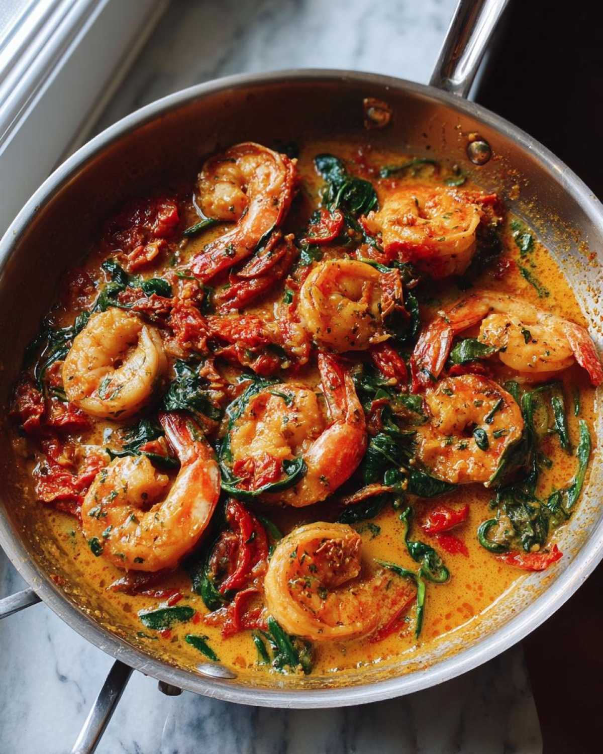 Close-up of One-Pan Creamy Sun-Dried Tomato Shrimp with spinach in a stainless steel skillet.