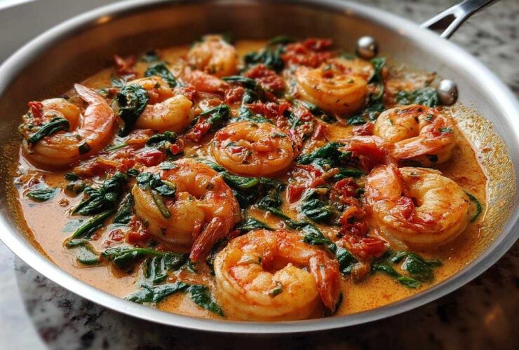 Close-up of plump shrimp cooked in a creamy, orange sauce with spinach and sun-dried tomatoes in a stainless steel skillet, featuring One-Pan Creamy Sun-Dried Tomato Shrimp.