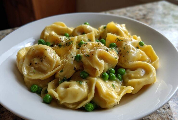 A close-up of a white bowl filled with One-Pot Creamy Garlic Butter Tortellini and Peas, topped with herbs and pepper.