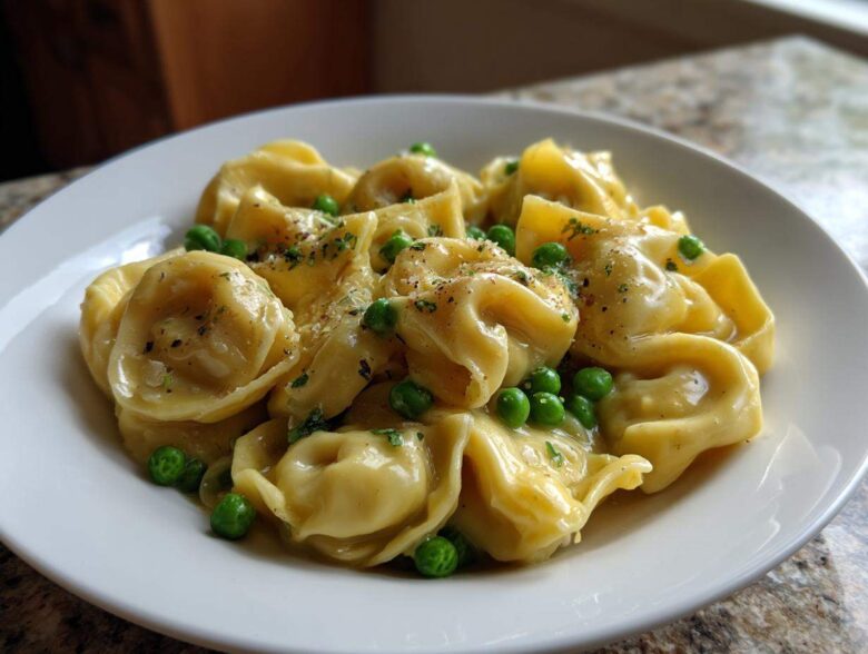 A close-up of a white bowl filled with One-Pot Creamy Garlic Butter Tortellini and Peas, topped with herbs and pepper.