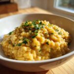 A close-up of creamy One-Pot Creamy Lemon Garlic Farro topped with fresh parsley in a white bowl.