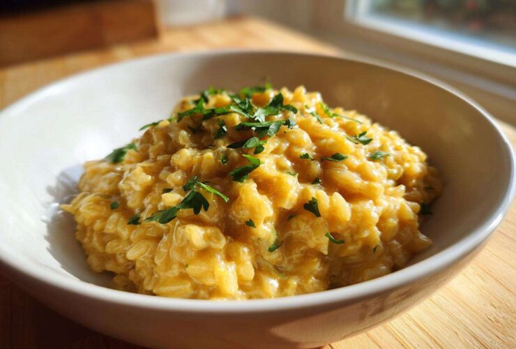 A close-up of creamy One-Pot Creamy Lemon Garlic Farro topped with fresh parsley in a white bowl.