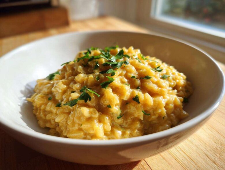 A close-up of creamy One-Pot Creamy Lemon Garlic Farro topped with fresh parsley in a white bowl.