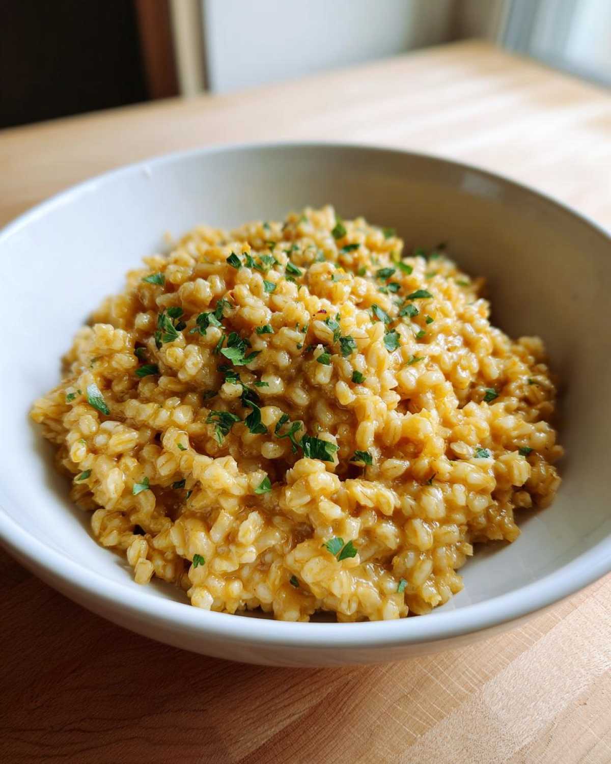 A close-up of a white bowl filled with creamy One-Pot Creamy Lemon Garlic Farro, garnished with fresh parsley.