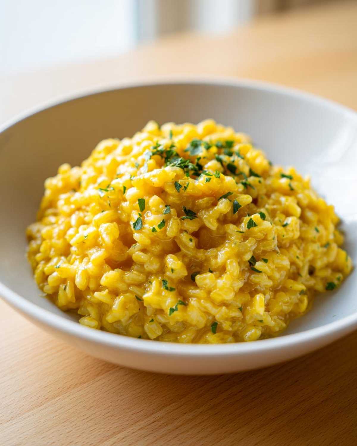 Close-up of creamy, yellow One-Pot Creamy Lemon Garlic Farro topped with fresh parsley in a white bowl.