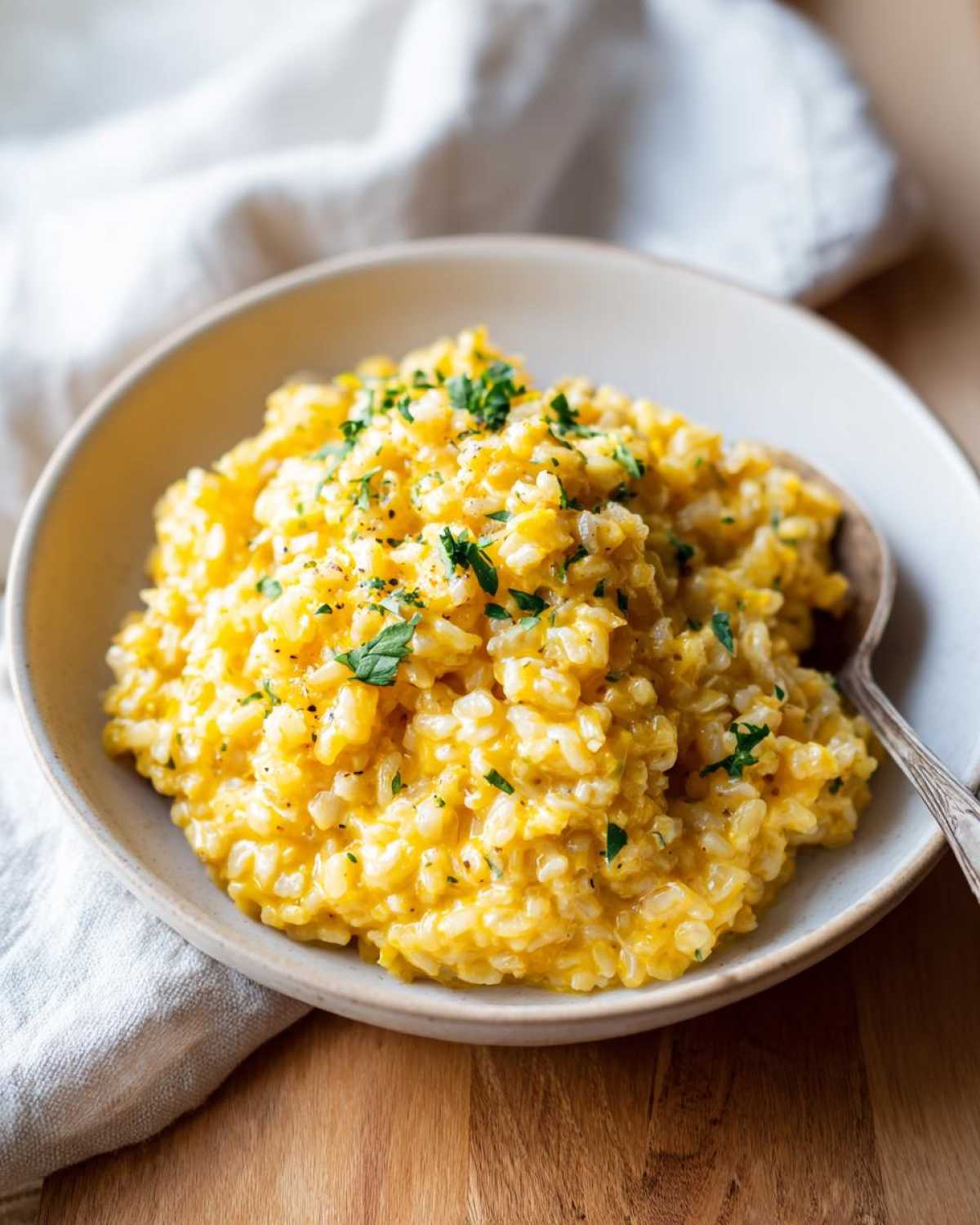 A close-up of creamy, yellow-hued One-Pot Creamy Lemon Garlic Farro garnished with fresh parsley.