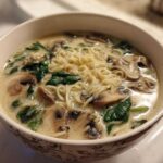 Close-up of a bowl of One-Pot Creamy Mushroom Spinach Ramen with noodles, sliced mushrooms, and wilted spinach in a rich broth.