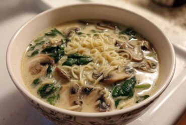 Close-up of a bowl of One-Pot Creamy Mushroom Spinach Ramen with noodles, sliced mushrooms, and wilted spinach in a rich broth.