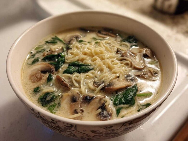 Close-up of a bowl of One-Pot Creamy Mushroom Spinach Ramen with noodles, sliced mushrooms, and wilted spinach in a rich broth.