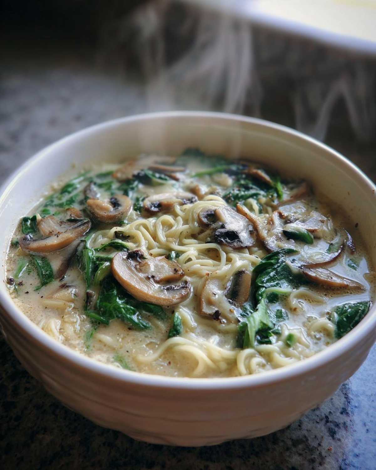 Close-up of a steaming white bowl filled with One-Pot Creamy Mushroom Spinach Ramen, featuring noodles, sliced mushrooms, and wilted spinach.