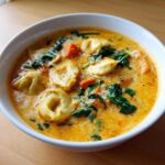 A close-up of a white bowl filled with One-Pot Creamy Tortellini Minestrone soup, showing tortellini, spinach, and carrots in a rich broth.