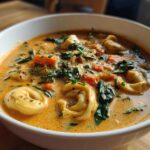 A close-up view of a white bowl filled with rich, creamy One-Pot Creamy Tortellini Minestrone soup, featuring tortellini, spinach, and diced tomatoes.