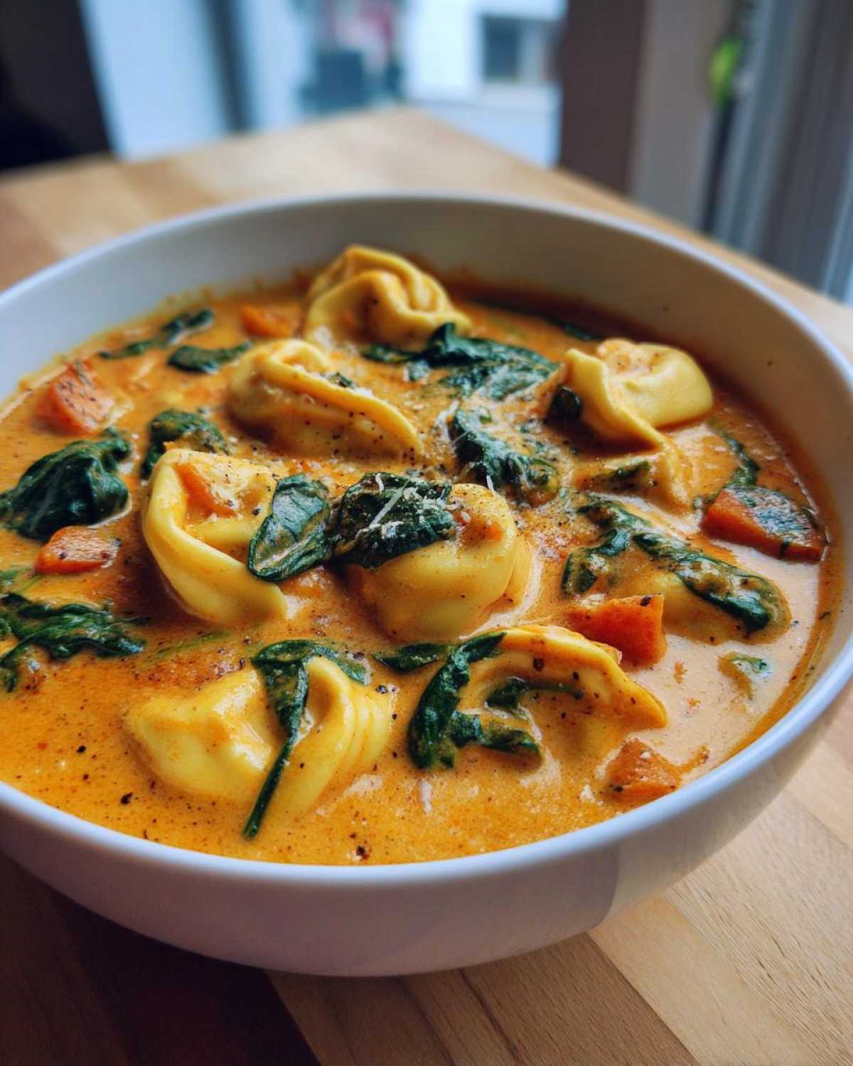 A close-up view of a white bowl filled with One-Pot Creamy Tortellini Minestrone, featuring tortellini, spinach, and orange broth.