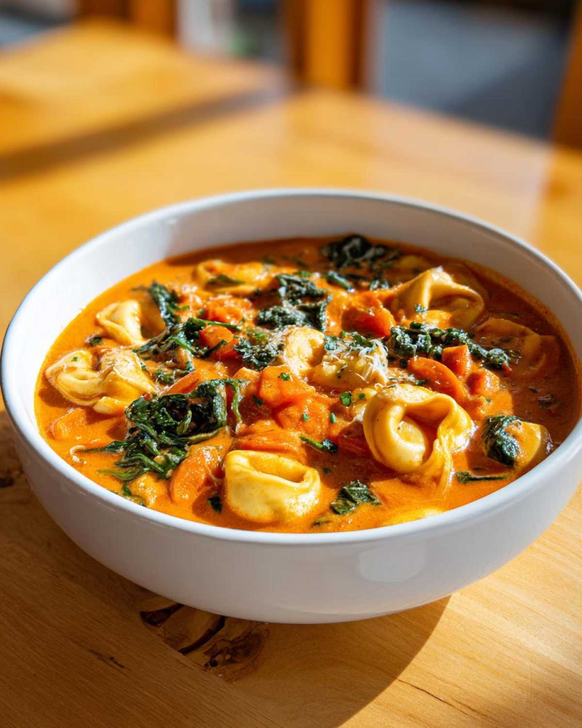 A close-up of a white bowl filled with One-Pot Creamy Tortellini Minestrone, featuring cheese tortellini, spinach, and a rich orange broth.
