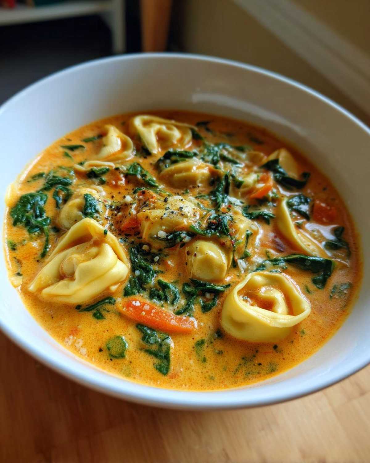 Close-up of a bowl of One-Pot Creamy Tortellini Minestrone, featuring cheese tortellini, spinach, and carrots in a rich orange broth.
