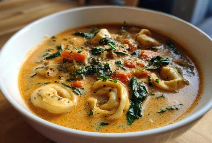 A close-up view of a white bowl filled with rich, creamy One-Pot Creamy Tortellini Minestrone soup, featuring tortellini, spinach, and diced tomatoes.